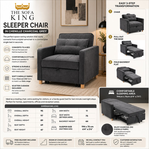 Charcoal grey sleeper chair - sleeper, |
